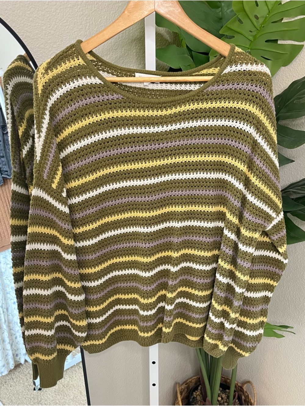 💚 Olive Multi Stripe Crochet Knit Sweater Sz L | Boho Chic